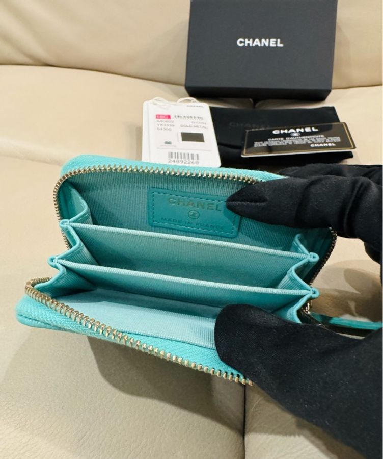 Chanel  香奈兒 湖水綠 拉鍊零錢包/錢包/荔枝牛皮/99新美品-5