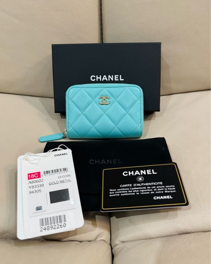 Chanel  香奈兒 湖水綠 拉鍊零錢包/錢包/荔枝牛皮/99新美品-7