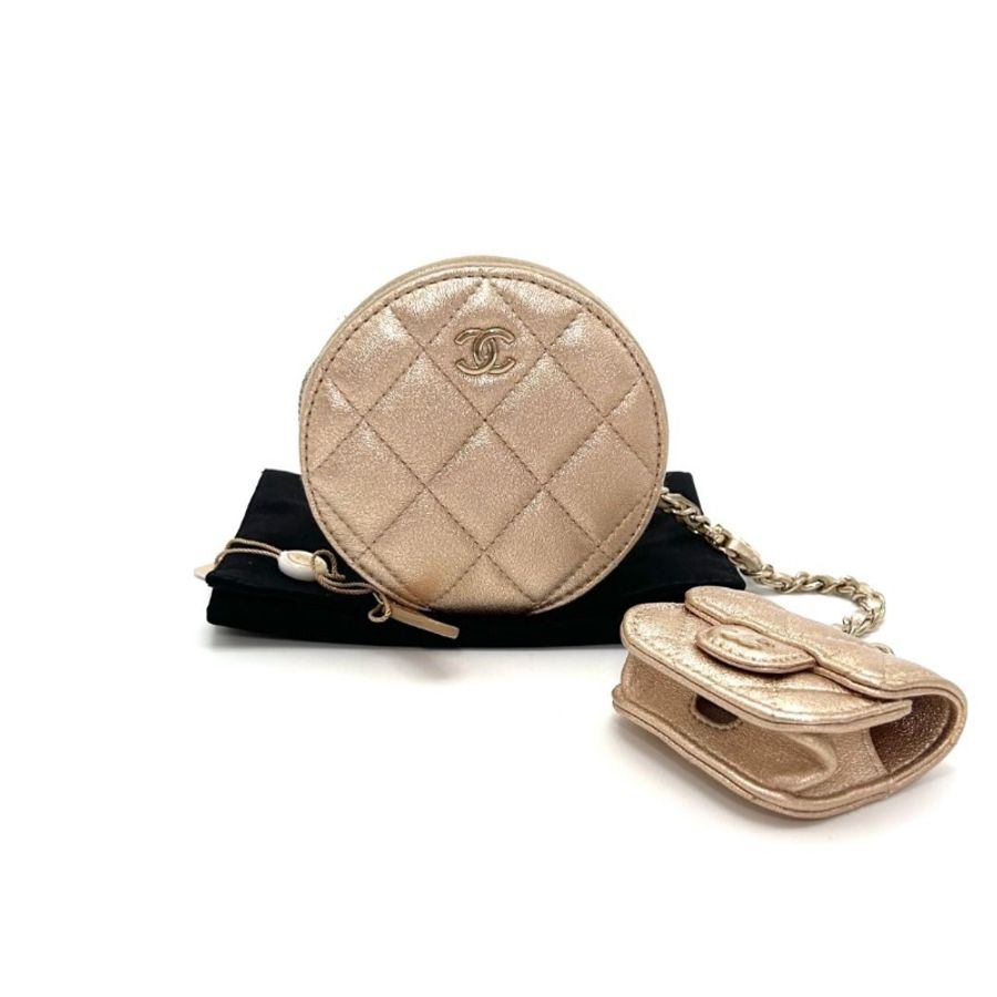 CHANEL 金色二合vic耳機零錢包 10*10*2  9新 配件塵袋-4