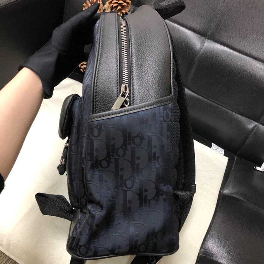 Dior迪奧滿印老花拼皮雙肩包 藍拼黑-3