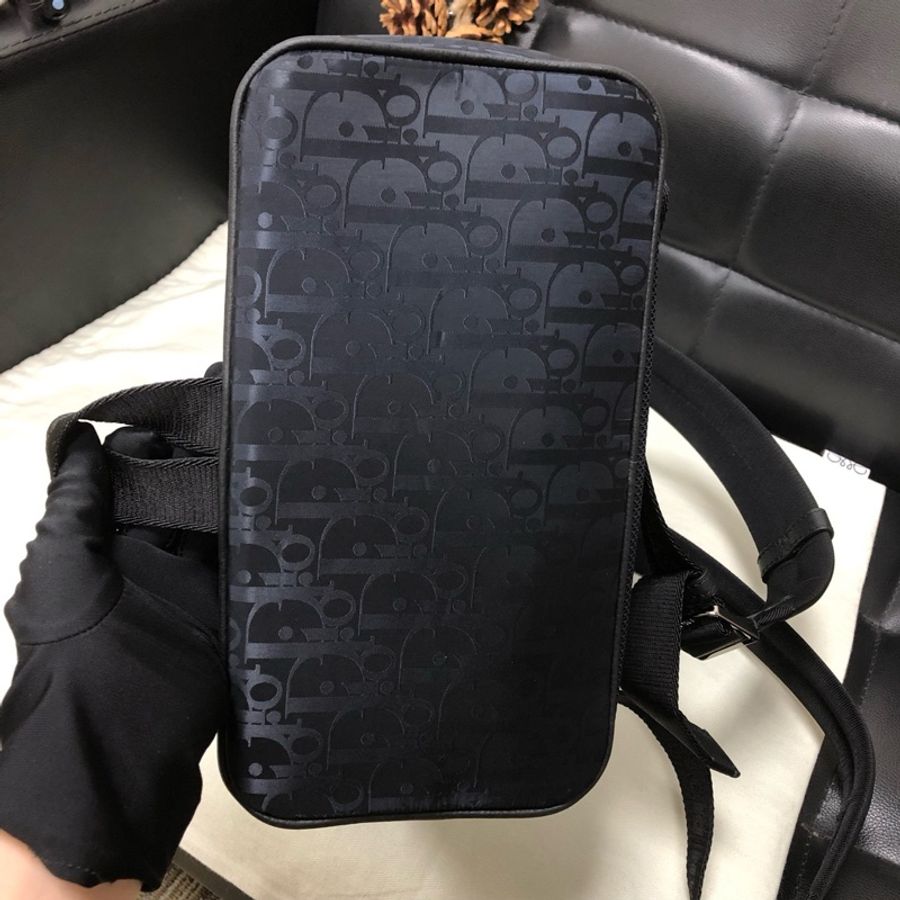 Dior迪奧滿印老花拼皮雙肩包 藍拼黑-4