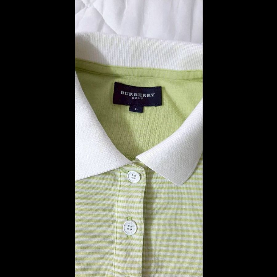 （日本製MIJ）BURBERRY 博柏利 GOLF高爾夫球 戰馬 女青蘋綠條紋短袖POLO衫L-6