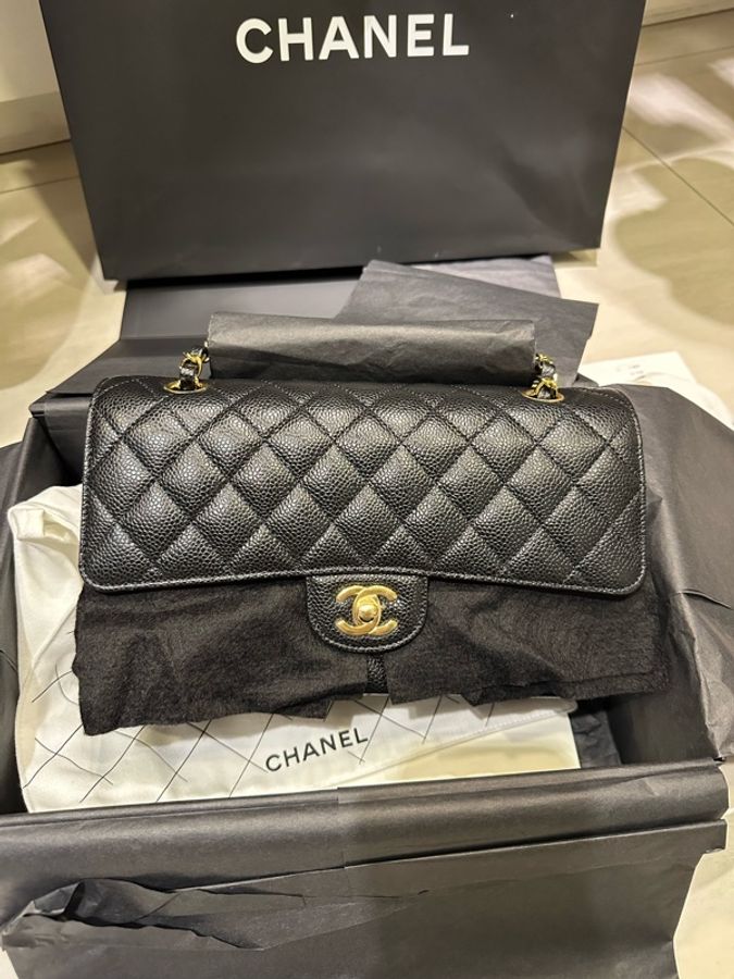 香奈兒 Chanel cf25 荔枝牛皮 黑金 經典11.12口蓋包 25cm-0