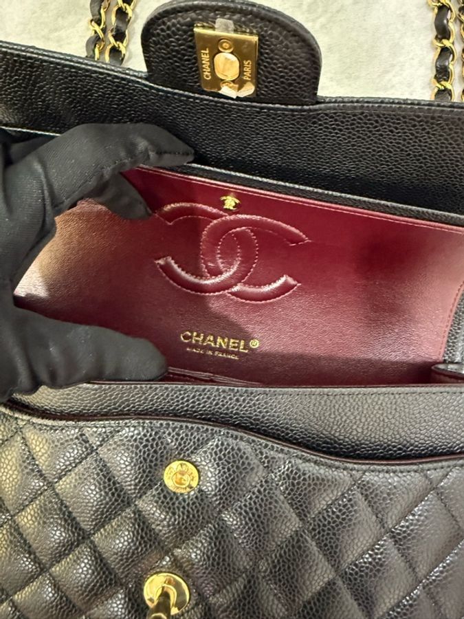 香奈兒 Chanel cf25 荔枝牛皮 黑金 經典11.12口蓋包 25cm-13