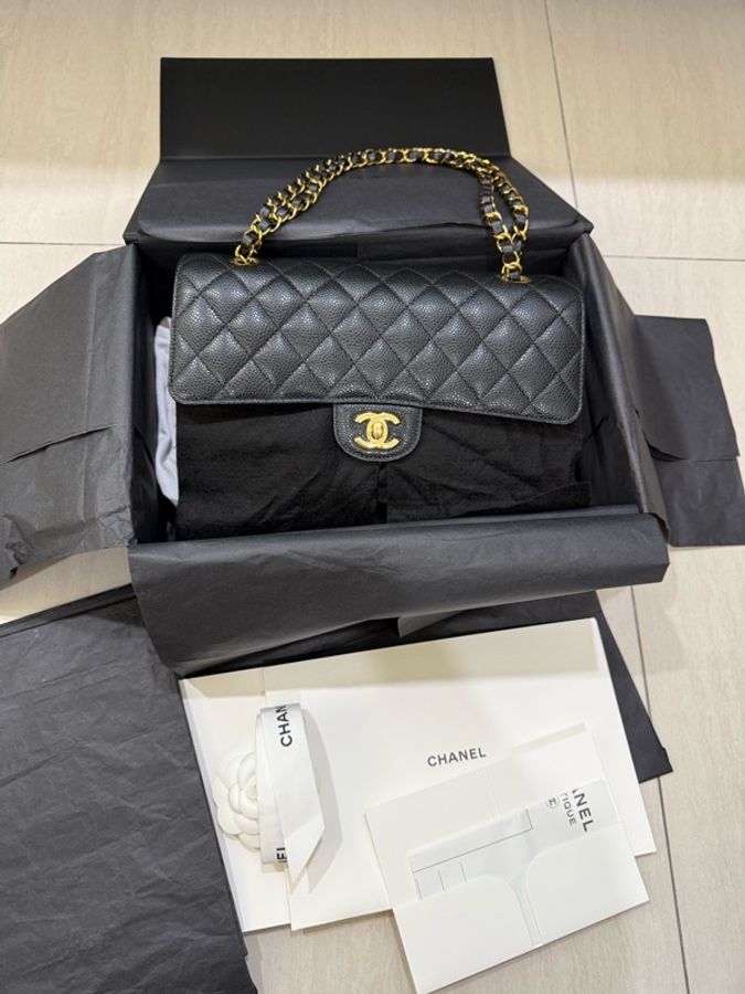 香奈兒 Chanel cf25 荔枝牛皮 黑金 經典11.12口蓋包 25cm-16