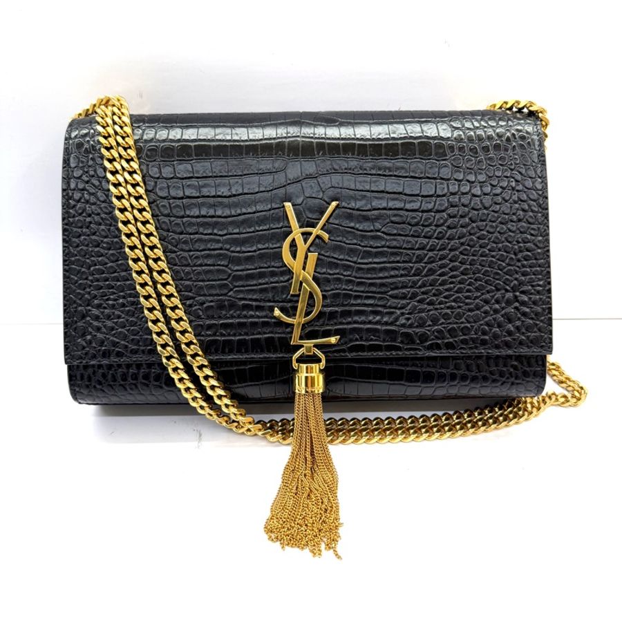 YSL 聖羅蘭 黑色KATE ENVELOPE TASSLE CROCODILE EMBOSSED 鏈條肩背包 斜背包354119-0