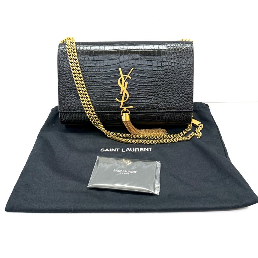 YSL 聖羅蘭 黑色KATE ENVELOPE TASSLE CROCODILE EMBOSSED 鏈條肩背包 斜背包354119-2