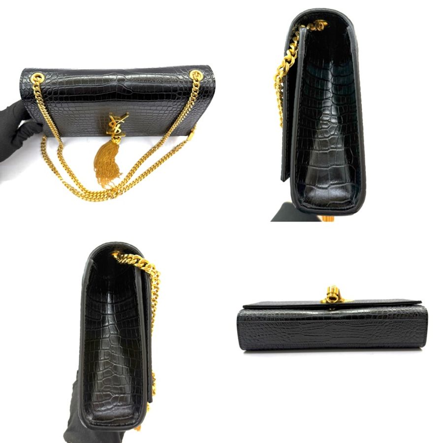 YSL 聖羅蘭 黑色KATE ENVELOPE TASSLE CROCODILE EMBOSSED 鏈條肩背包 斜背包354119-3