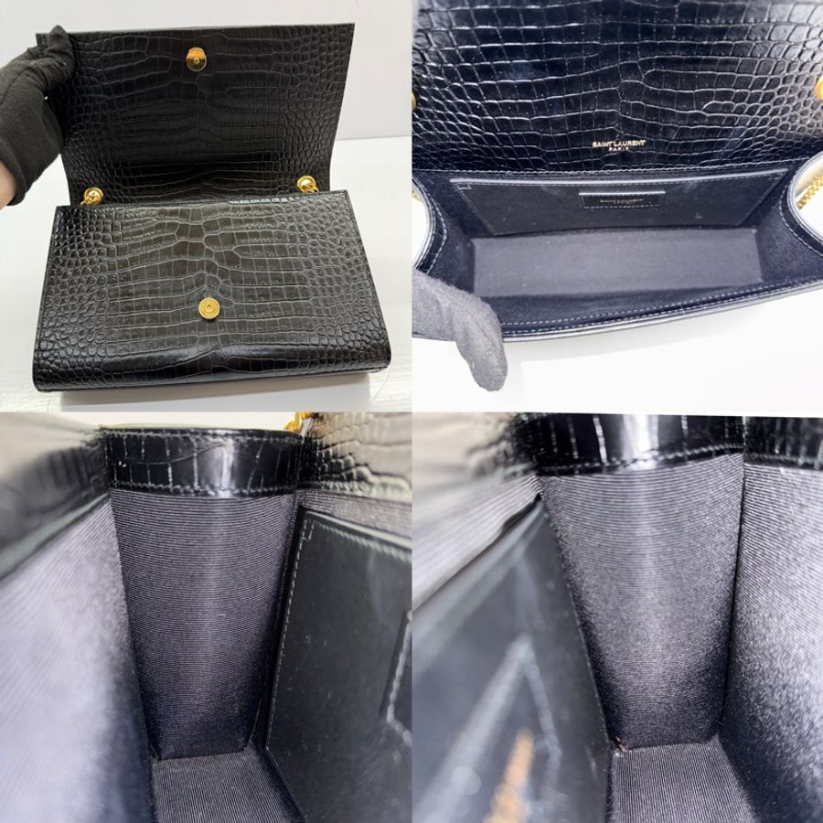 YSL 聖羅蘭 黑色KATE ENVELOPE TASSLE CROCODILE EMBOSSED 鏈條肩背包 斜背包354119-6