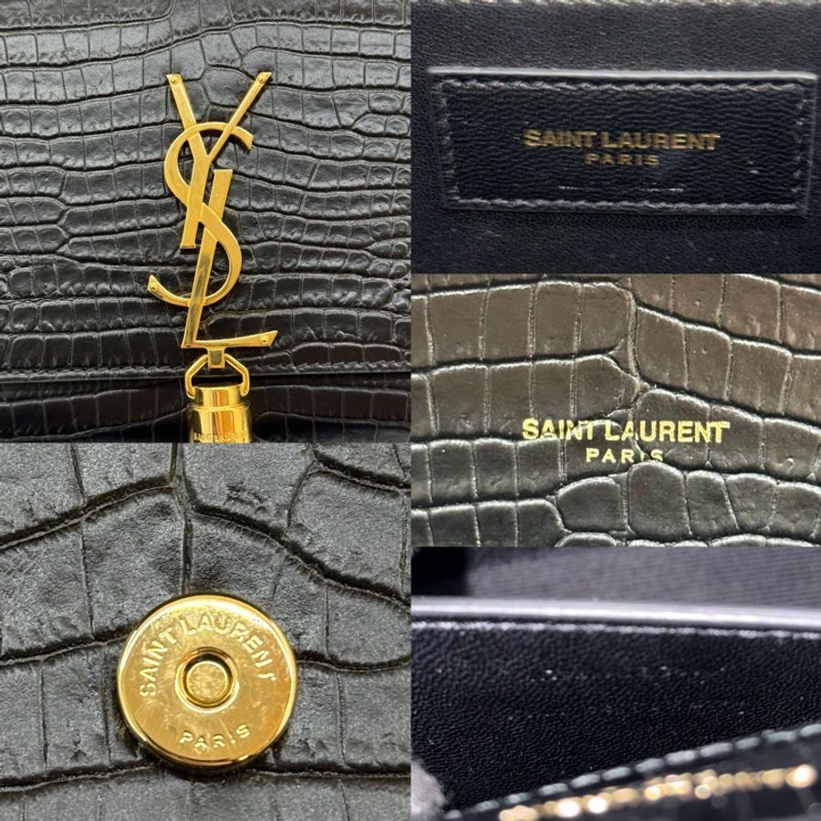 YSL 聖羅蘭 黑色KATE ENVELOPE TASSLE CROCODILE EMBOSSED 鏈條肩背包 斜背包354119-7