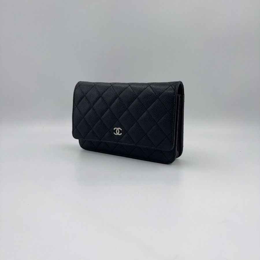 CHANEL黑色荔枝牛皮銀釦下蓋WOC A33814-4