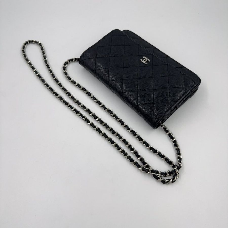 CHANEL黑色荔枝牛皮銀釦下蓋WOC A33814-9