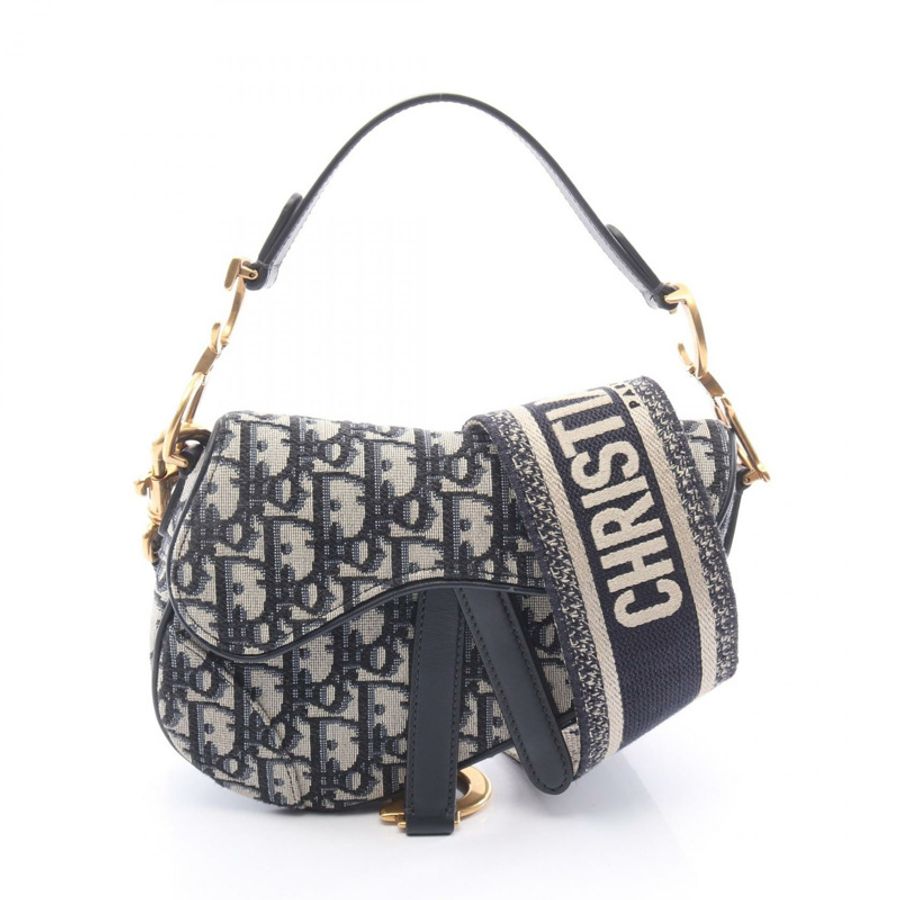 Christian Dior SADDLE Oblique 肩包帆布皮革海軍藍米色二手-0