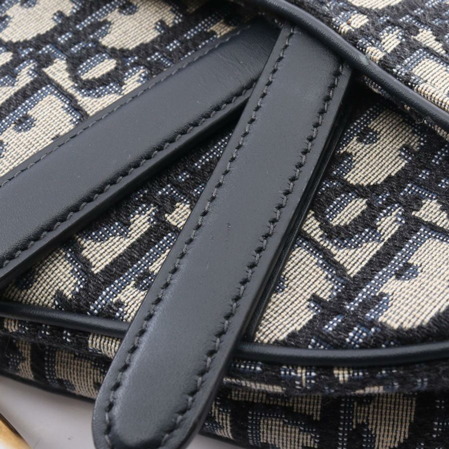 Christian Dior SADDLE Oblique 肩包帆布皮革海軍藍米色二手-5