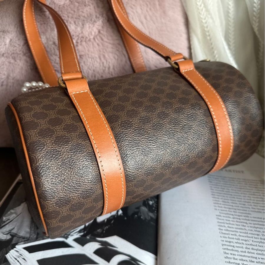 思琳CELINE Vintage 老花 古董 絕版 水桶包 復古 賽琳 凱旋門 單肩包 波士頓包 Boston Bag 凱旋門鎖鏈印花Triomphe Canvas-13