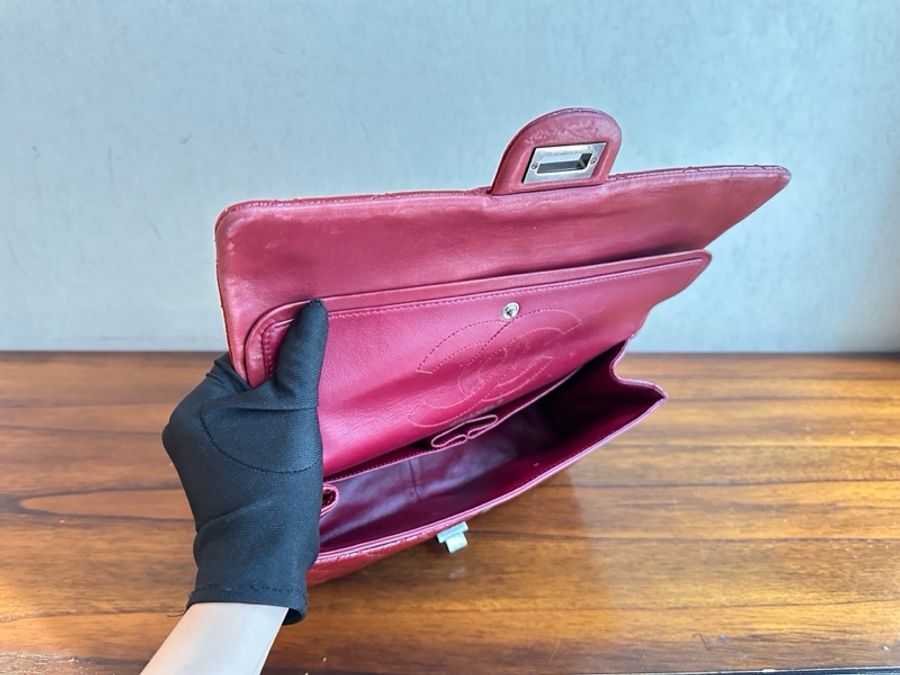 Chanel酒紅色漆皮銀扣2.55中號-5