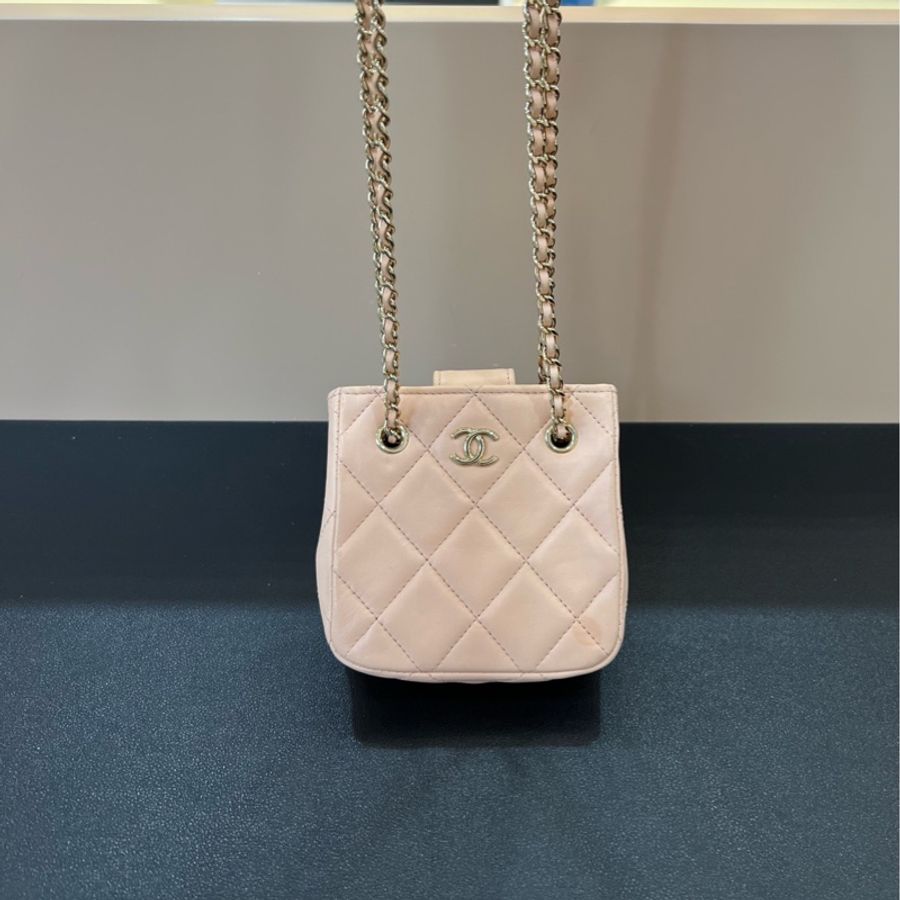 ❤️Chanel香奈兒22C方塊mini 托特淡橘色雙鏈條包-4
