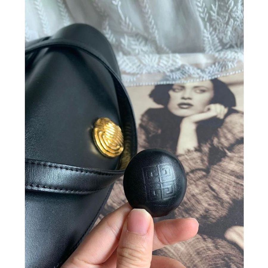 紀梵希 Givenchy 中古 絕版vintage 古董手提包 黑色皮革 托特包 金色雕花圓扣-4