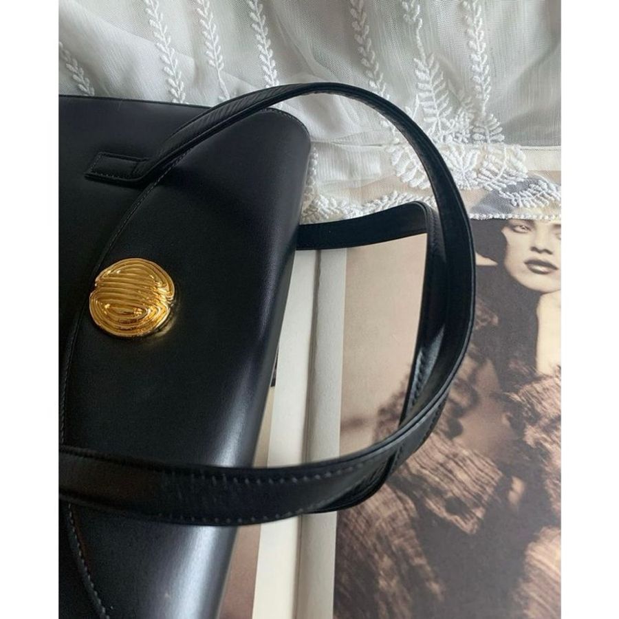 紀梵希 Givenchy 中古 絕版vintage 古董手提包 黑色皮革 托特包 金色雕花圓扣-5
