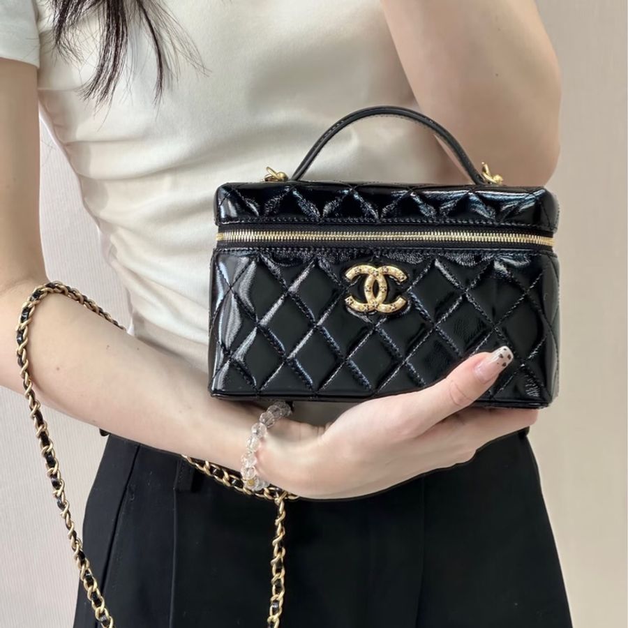 💎Chanel香奈兒｜26C黑金鑲鑽珍珠雙C logo LP盒子包｜99新芯片款-0