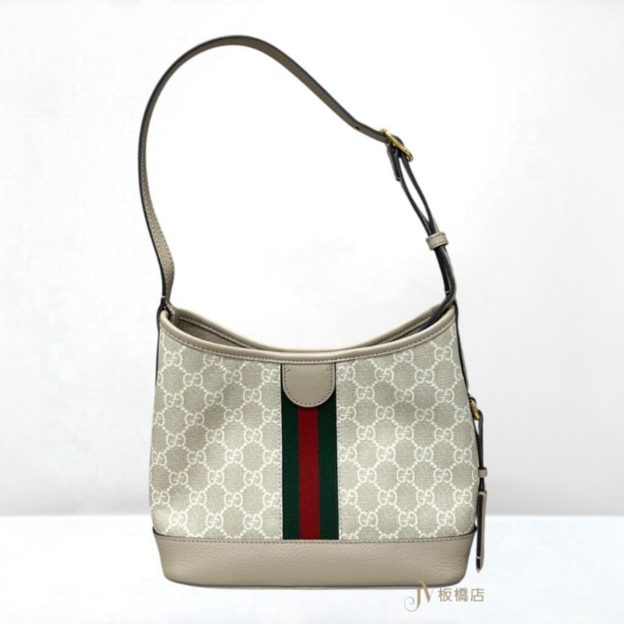JY0406-GUCCI Ophidia GG米灰滾邊牛皮綠紅織帶肩背包 781402-3