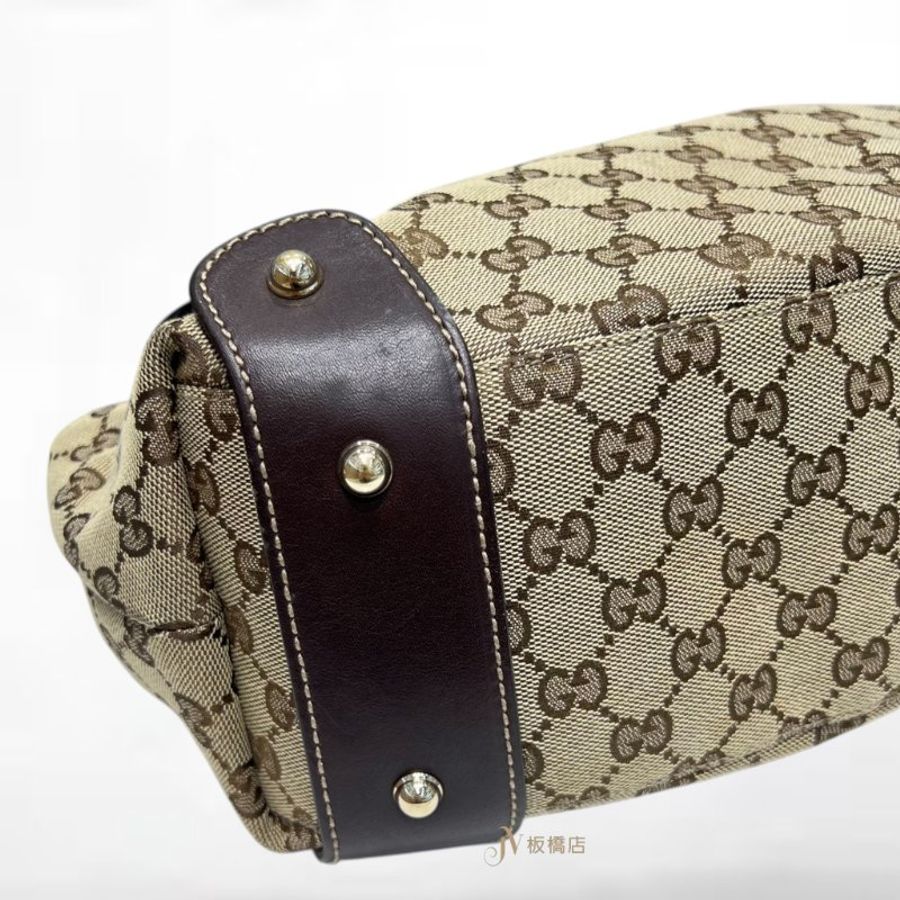 JY0355-GUCCI 緹花布拼咖啡色編織牛皮變形蟲肩背包162900-7