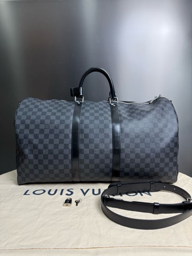 LOUIS VUITTON路易威登 黑色棋盤格keepall 55手提單肩斜挎旅行包，尺寸55×31cm-2