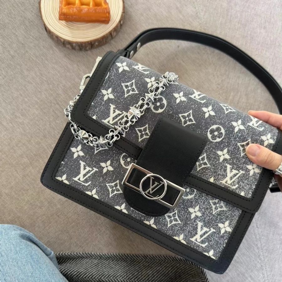 路易威登LV黑白單寧牛仔經典老花拼接黑色牛皮銀釦Dauphine MM達芙妮斜肩背包M21458-3