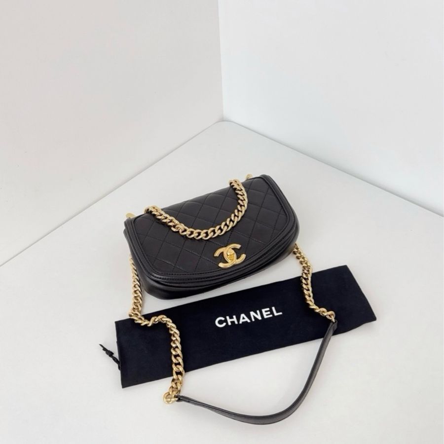 💎Chanel香奈兒|黑金半月鏈條馬鞍包|牛皮菱格雙環+CF旋扣|98新-4