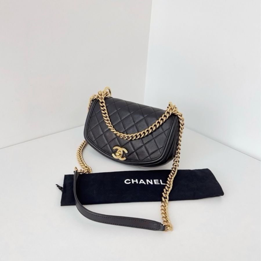 💎Chanel香奈兒|黑金半月鏈條馬鞍包|牛皮菱格雙環+CF旋扣|98新-5