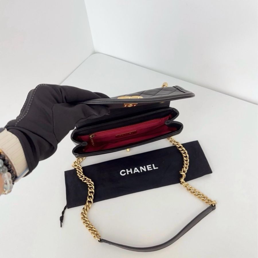 💎Chanel香奈兒|黑金半月鏈條馬鞍包|牛皮菱格雙環+CF旋扣|98新-6