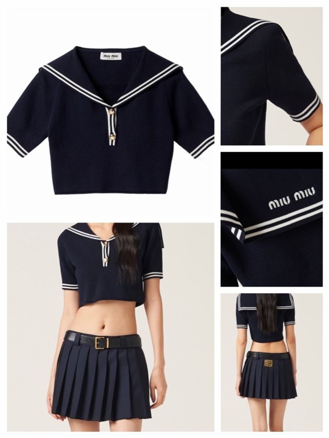 二手精品自賣❤️Miu Miu海軍風🚢羊絨船領針織短版合身短袖上衣.近新.36/S號-0