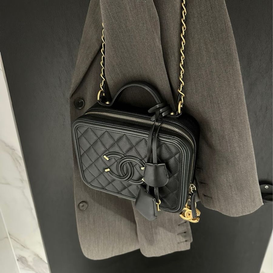 CHANEL香奈兒黑金荔枝皮Vanity case相機包999新全配-0