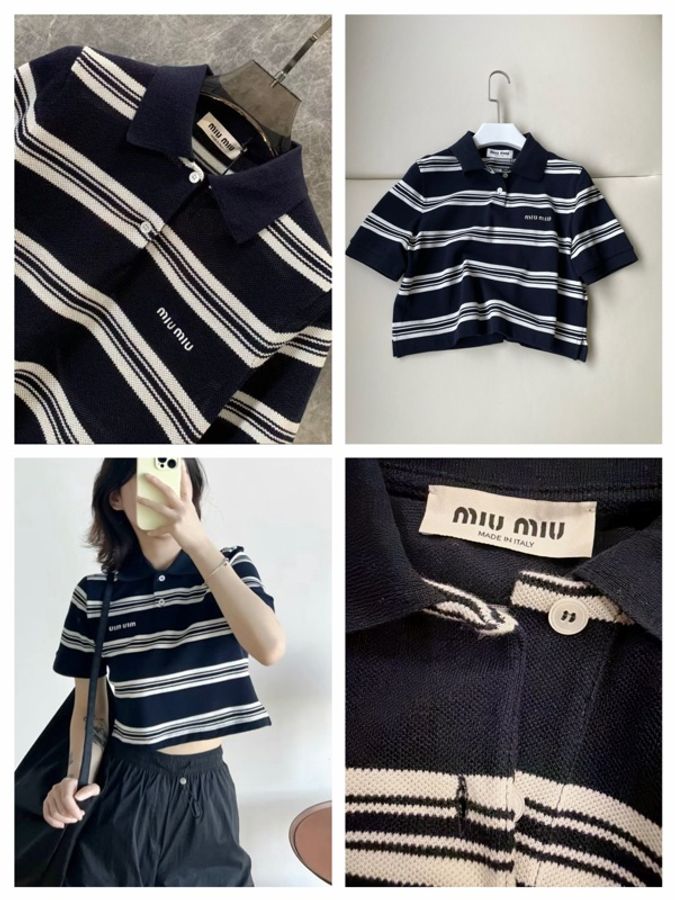 二手精品自賣❤️Miu Miu經典款短版深藍條紋polo衫.短袖衣.近新.36/S號-0