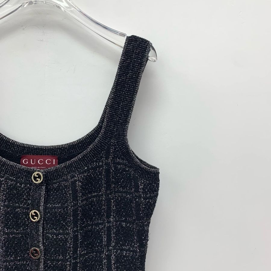 Gucci 24款 黑色细闪格纹羊毛吊连衣裙 S码-2