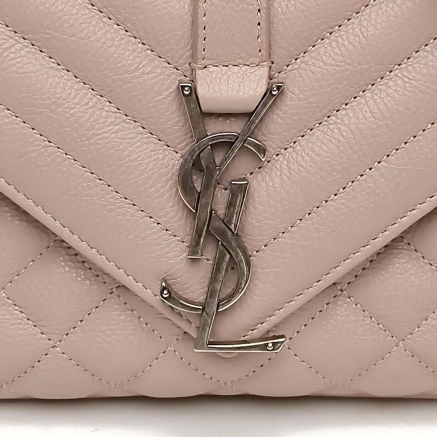 SAINT LAURENT Envelope絎縫紋理信封包中號奶茶色銀扣肩背包-4