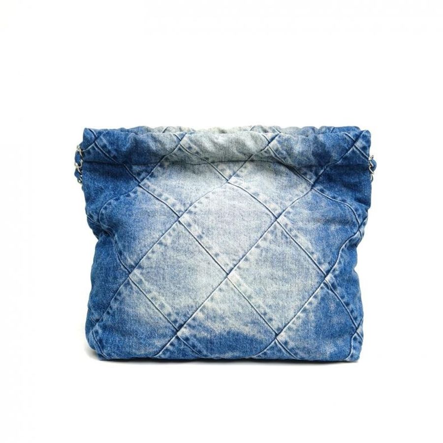 CHANEL 22BagTote托特包小號牛仔藍晶片銀扣肩背包-2