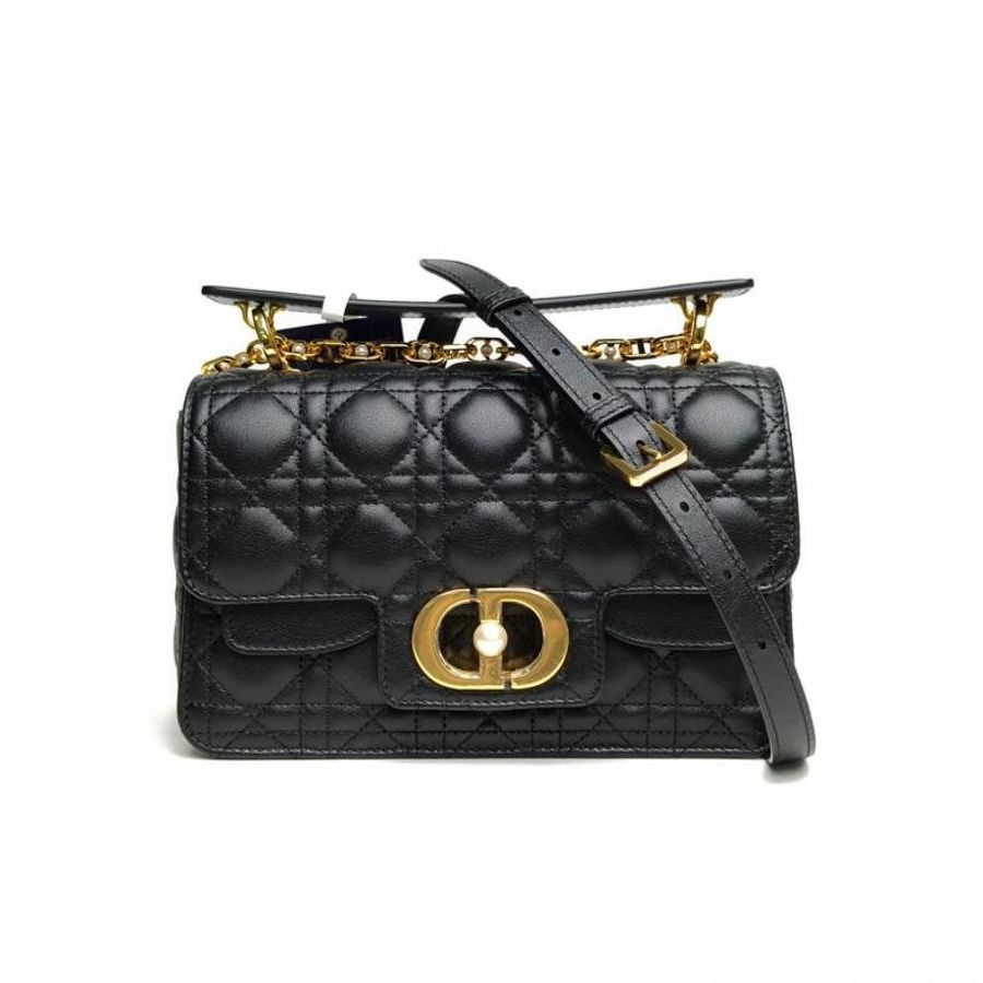 DIOR 黑色牛皮金扣Jolie金標Logo藤格紋絎縫肩背包-0