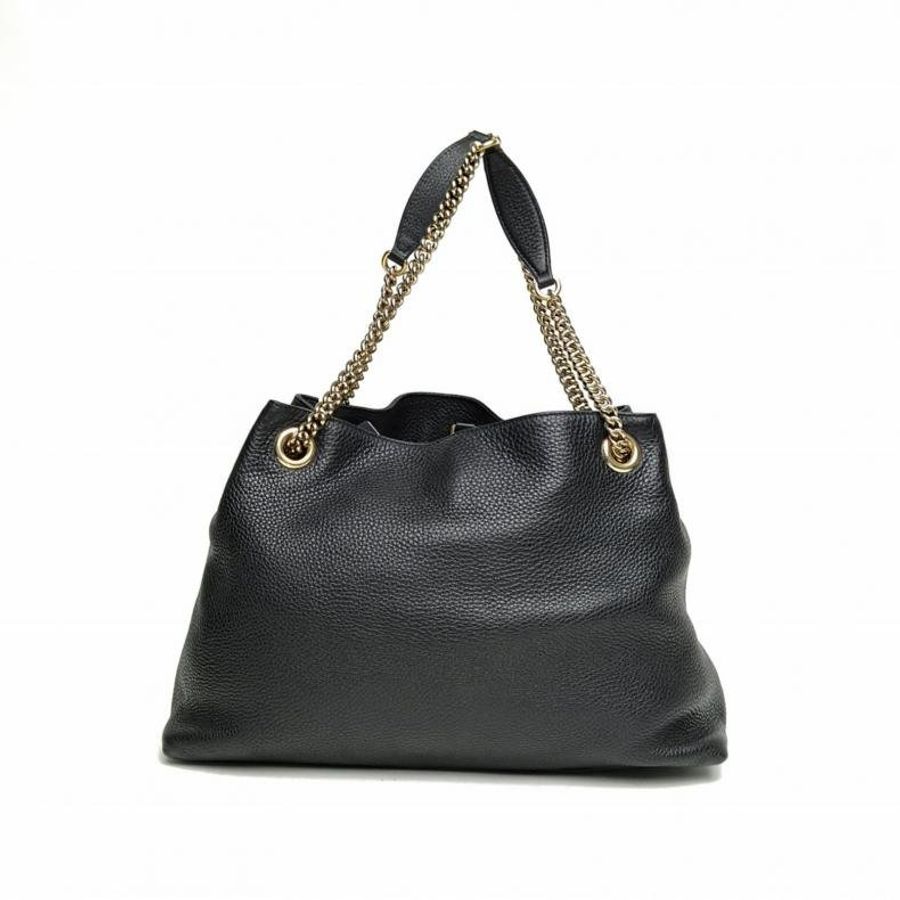 GUCCI 黑色牛皮淺金扣Soho流蘇購物袋肩背包-2