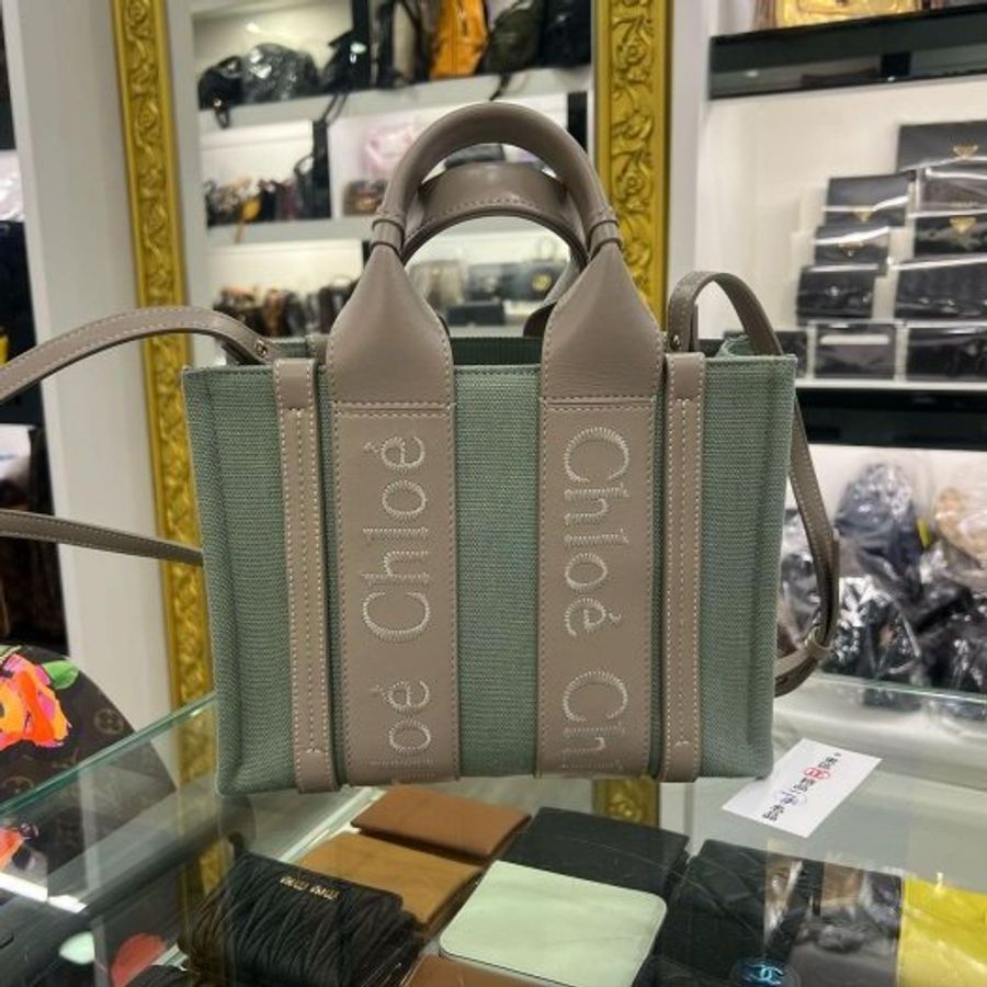 東區正精品㊣CHLOE Woody 近全新灰色皮革拼綠色帆布托特包手提包背帶斜背包兩用包小款 RZ6494-0