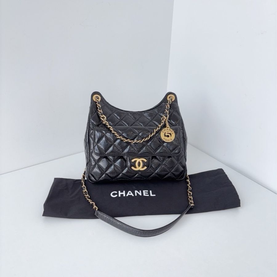 💎Chanel香奈兒|黑金天貓精靈金幣hobo油蠟皮24A中號|98新局部膜芯片款-1