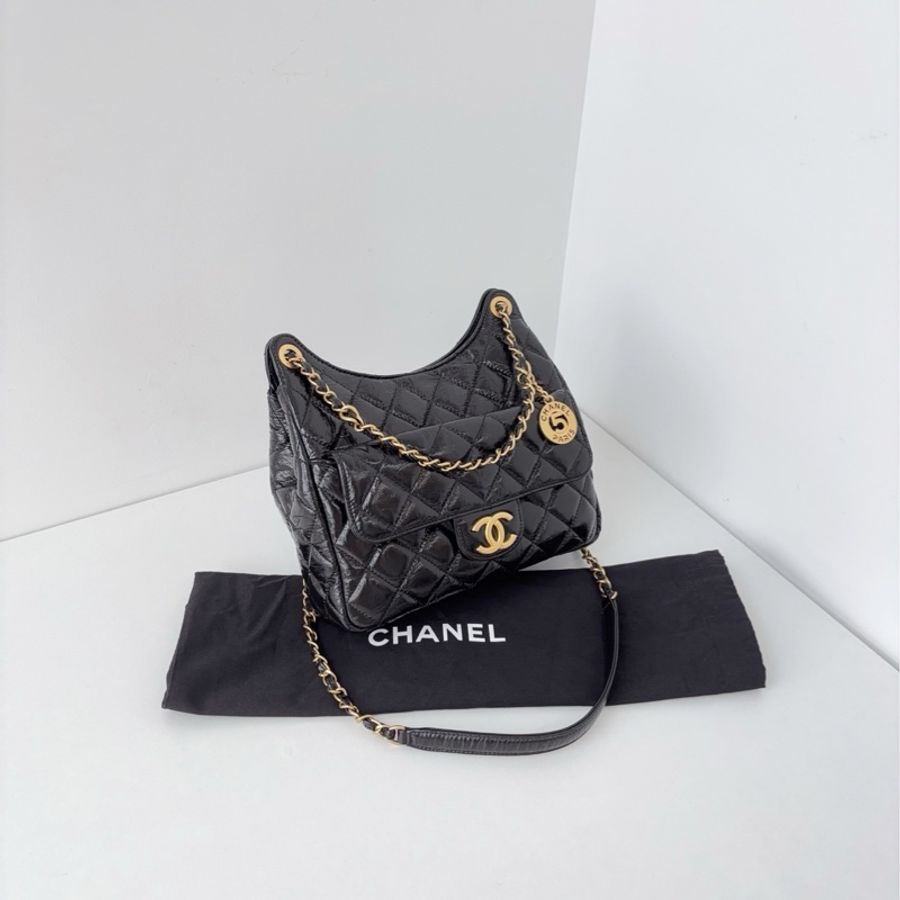 💎Chanel香奈兒|黑金天貓精靈金幣hobo油蠟皮24A中號|98新局部膜芯片款-3