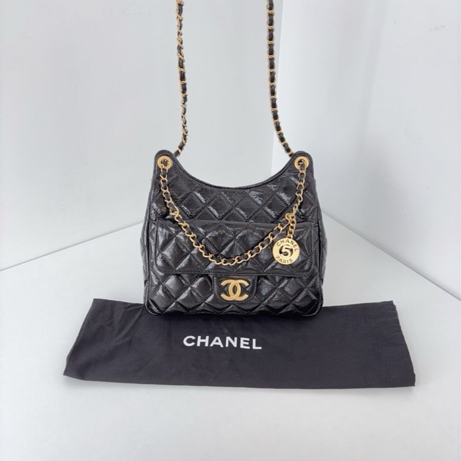 💎Chanel香奈兒|黑金天貓精靈金幣hobo油蠟皮24A中號|98新局部膜芯片款-8