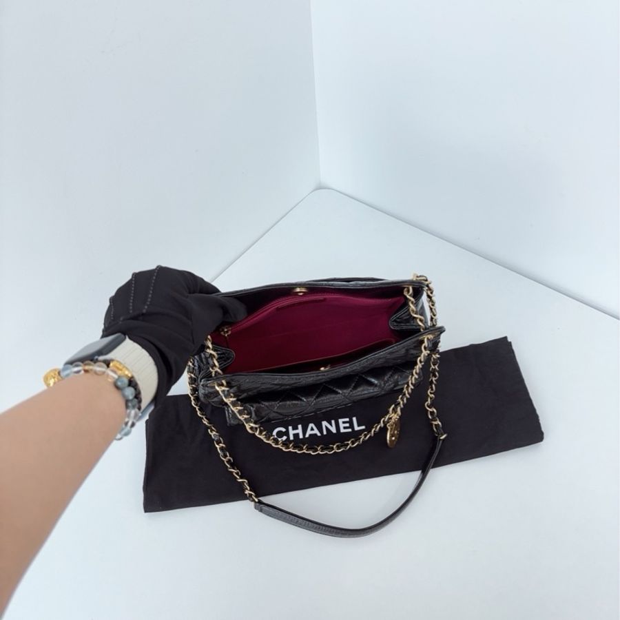 💎Chanel香奈兒|黑金天貓精靈金幣hobo油蠟皮24A中號|98新局部膜芯片款-9