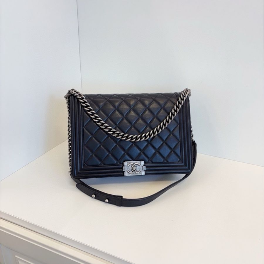 💎Chanel香奈兒|黑銀光面牛皮🐂中大號leboy斜挎/單肩包|98新|19開-1