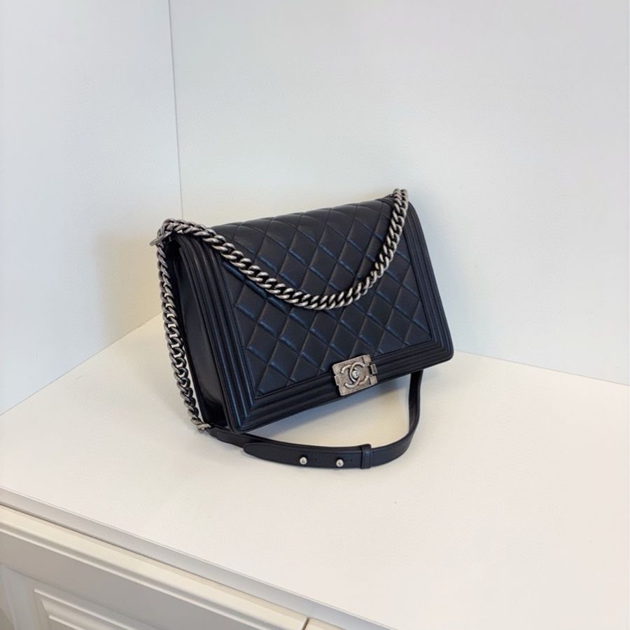 💎Chanel香奈兒|黑銀光面牛皮🐂中大號leboy斜挎/單肩包|98新|19開-2