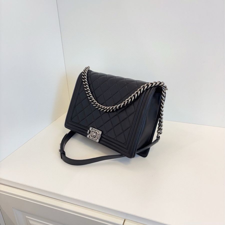 💎Chanel香奈兒|黑銀光面牛皮🐂中大號leboy斜挎/單肩包|98新|19開-3
