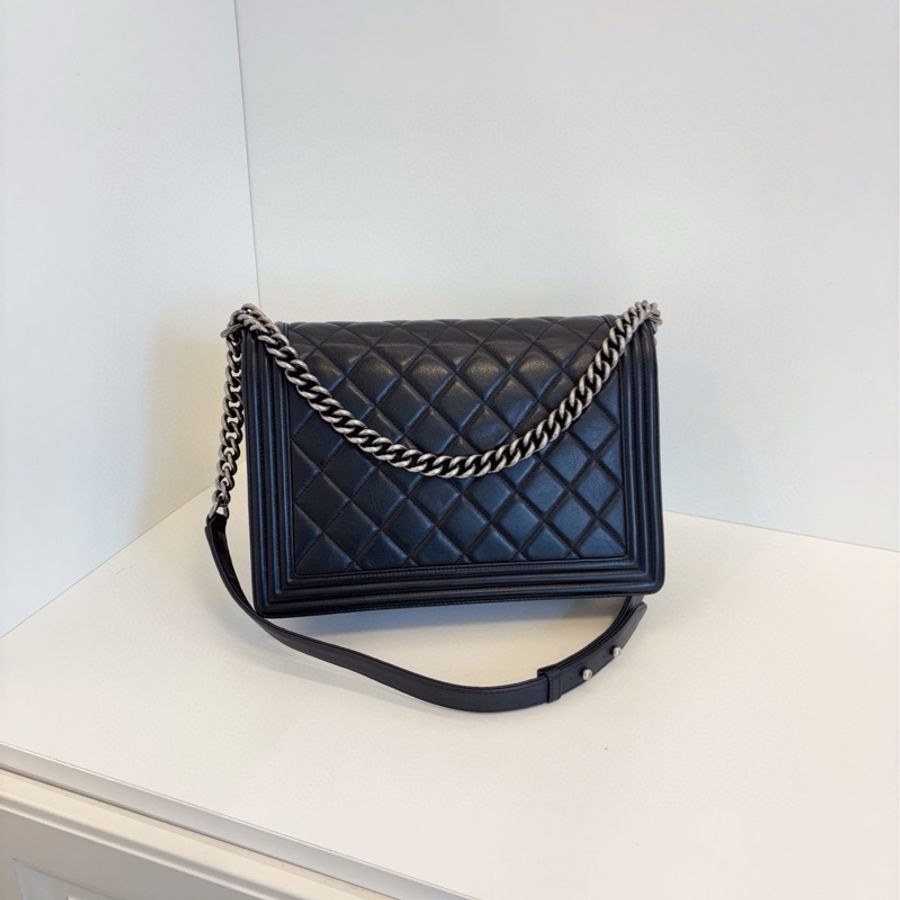 💎Chanel香奈兒|黑銀光面牛皮🐂中大號leboy斜挎/單肩包|98新|19開-4