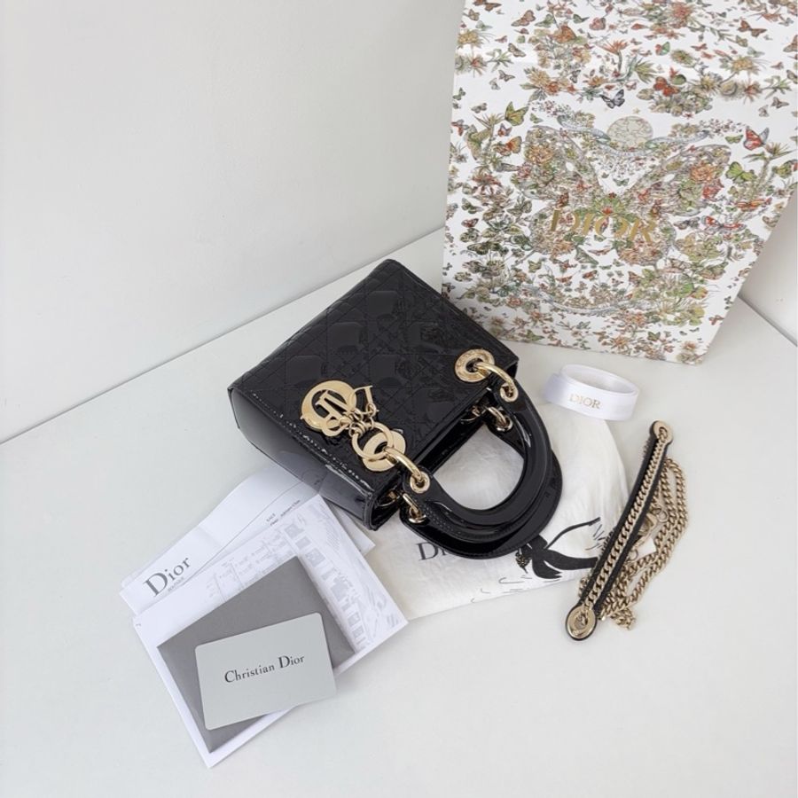 ✨Dior 迪奧|新款絨布內裡|黑金漆皮三格戴妃包|閒置新全配購證保卡-5