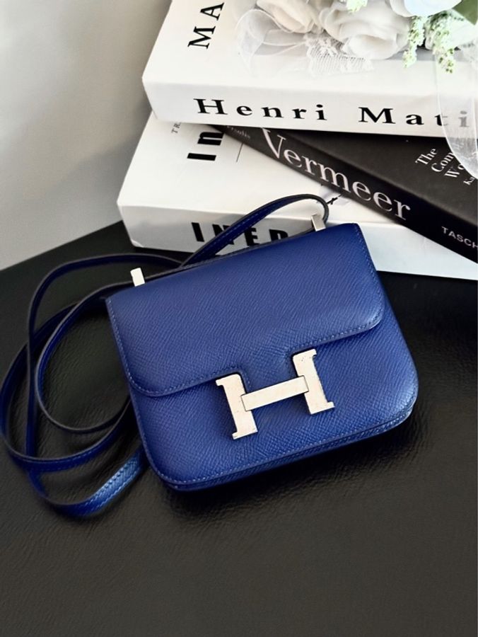 二手愛馬仕 Hermes 康康Constance 19 藍色epsom皮 銀扣單肩包-10